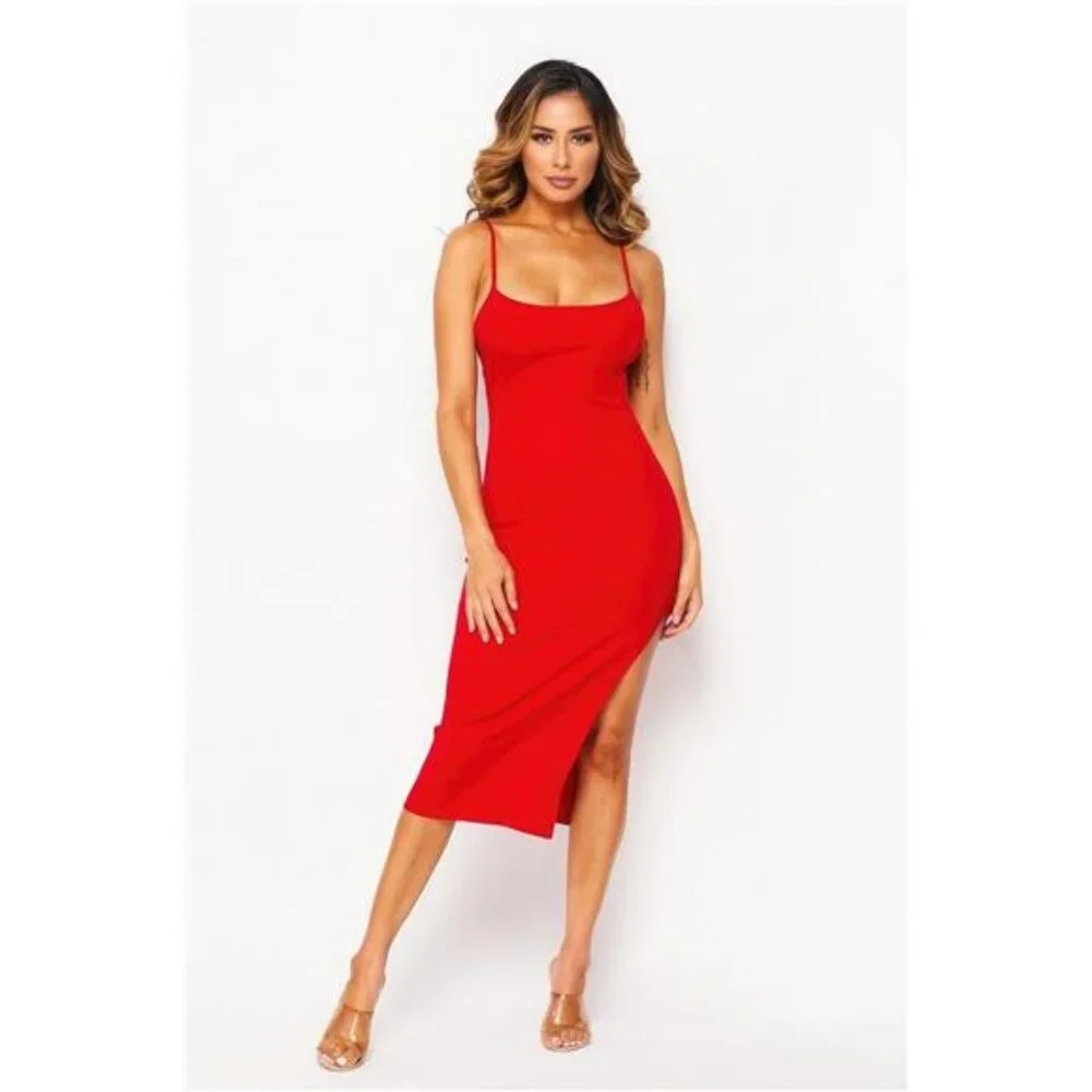 Red Side Slit Cami Dress - Picture 2 of 5